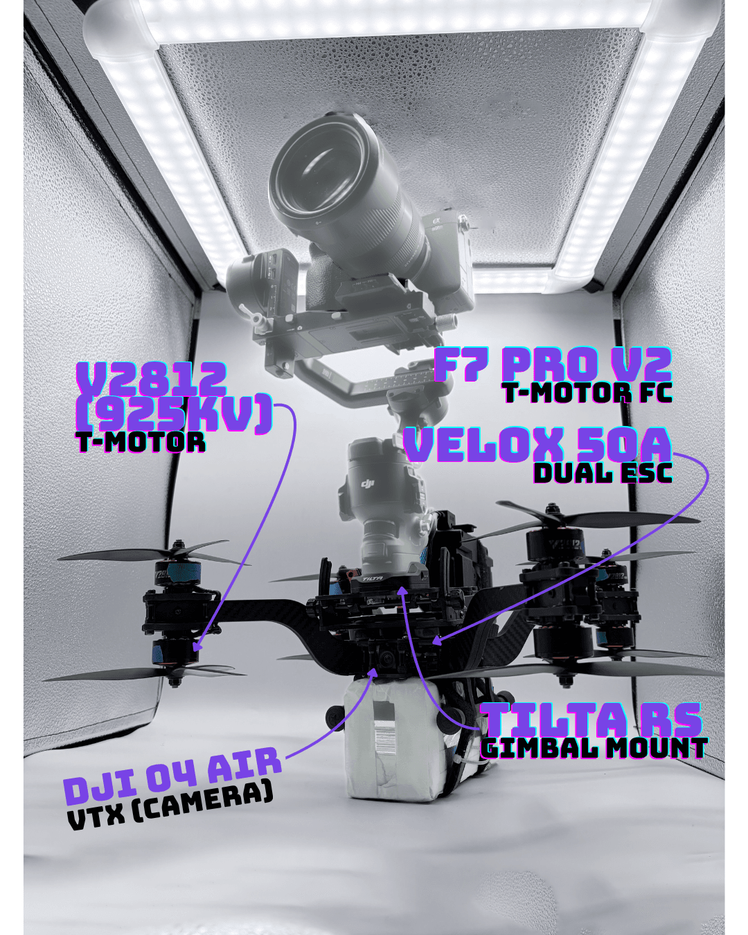 Component callout: T-Motor V2812 925KV, F7 Pro V2 FC, Velox 50A dual ESC, DJI O4 Air VTX, Tilta RS gimbal mount