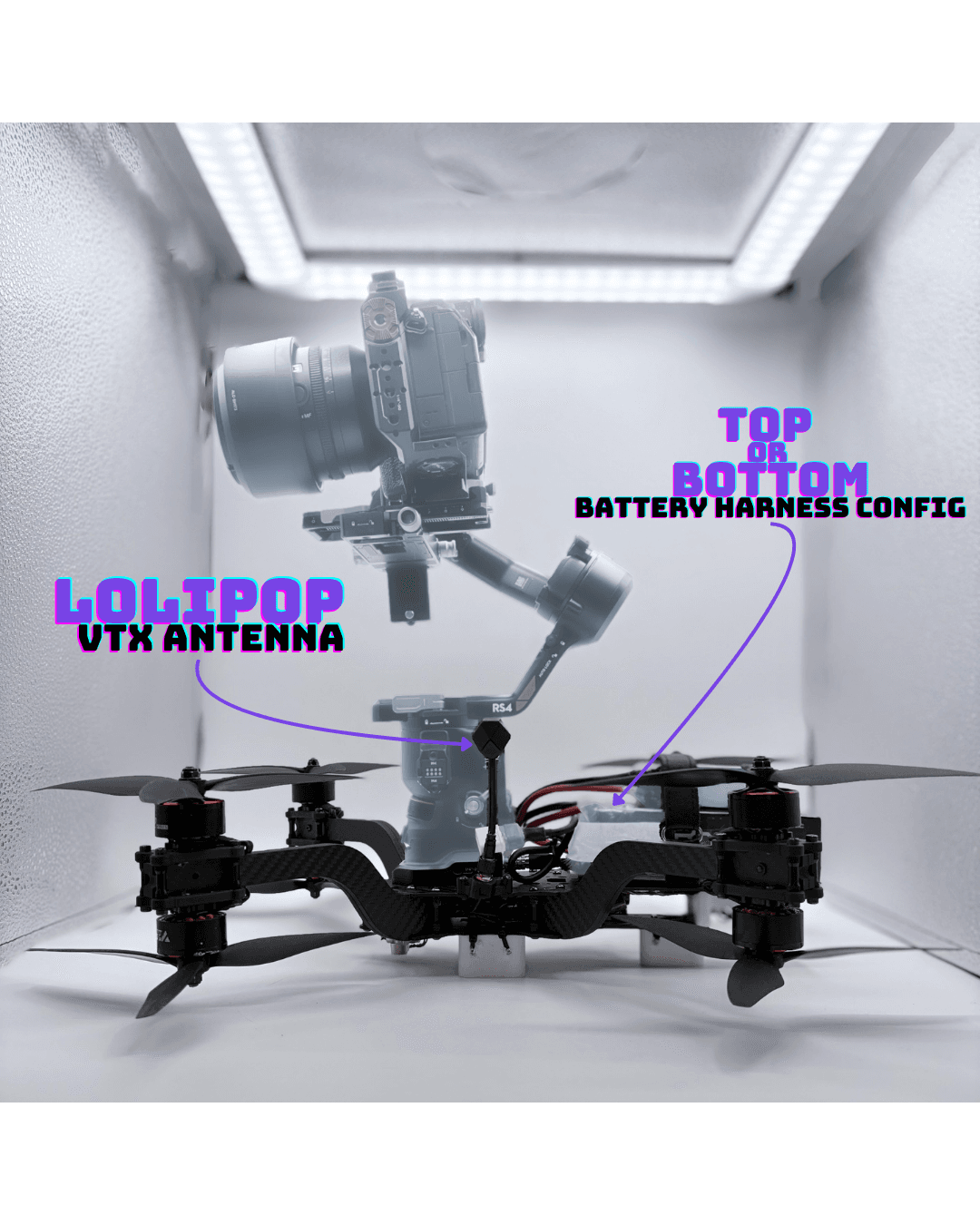 Side view showing Lolipop VTX antenna and top/bottom battery harness configuration