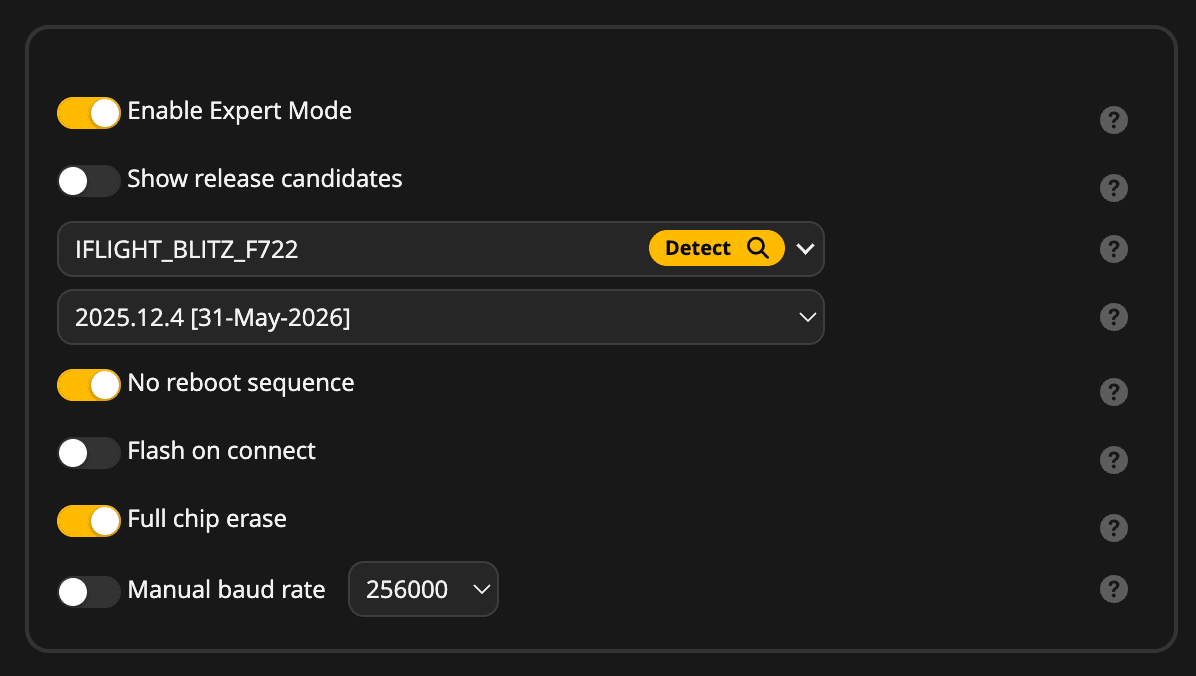 Betaflight Configurator firmware flasher showing IFLIGHT_BLITZ_F722 target selected with version 2025.12.4 [31-May-2026].