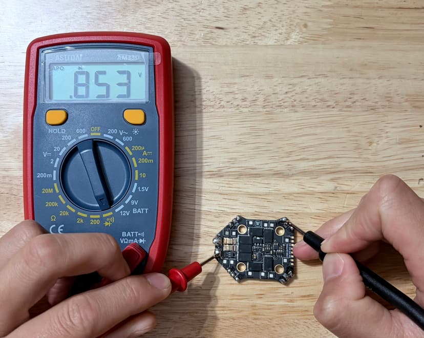 Low-side test on phase A. Multimeter reads 0.853 V.
